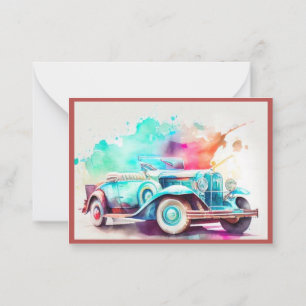 CARTE DE CORRESPONDANCE DESSIN ÉLÉGANT DE VOITURE ANCIENNE À L'AQUARELLE