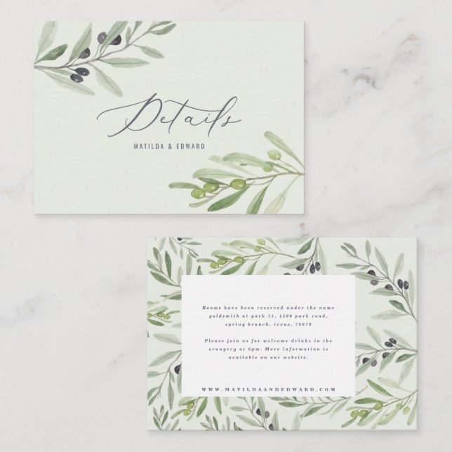 Carte De Correspondance détails de mariage avec feuillage de branche d'oli (Devant / Derrière)
