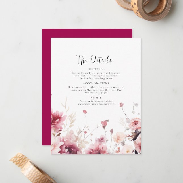Carte De Correspondance Détails du Mariage Fuschia (Devant/Arrière en situation)