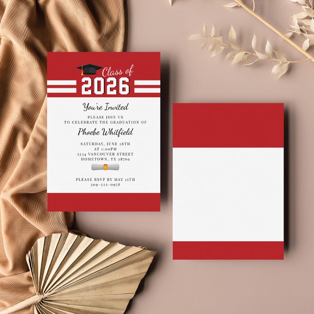 Carte De Correspondance Diplômé moderne Rouge Blanc Simple Graduation (Créateur téléchargé)