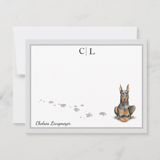Carte De Correspondance Doberman Chien Grey Frontière Monogramme & Votre N (Devant)