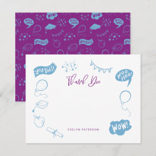 Carte De Correspondance Doodle de Graduation moderne Merci bleu violet