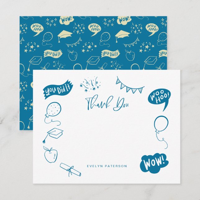 Carte De Correspondance Doodle Moderne Merci Bleu (Devant / Derrière)