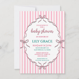 Carte De Correspondance Douce Baby Shower Ruban Rose et Rayures à l'Aquare