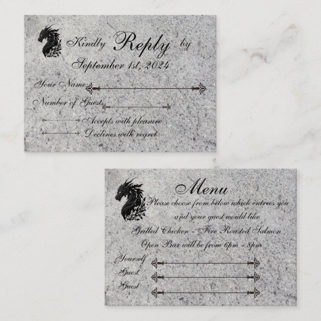 Carte De Correspondance Dragon, RSVP médiéval/Menu (Devant / Derrière)