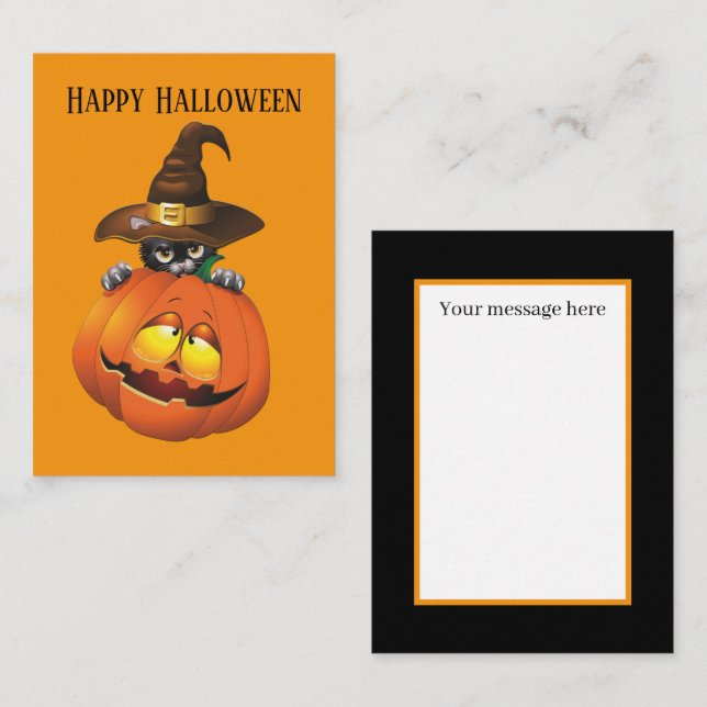 Carte De Correspondance drôle Halloween chat citrouille ajouter un message (Devant / Derrière)