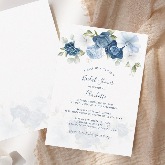 Carte De Correspondance Dusty Blue Floral Fête des mariées botanique (Dusty Blue Floral Botanical Bridal Shower Note Card)