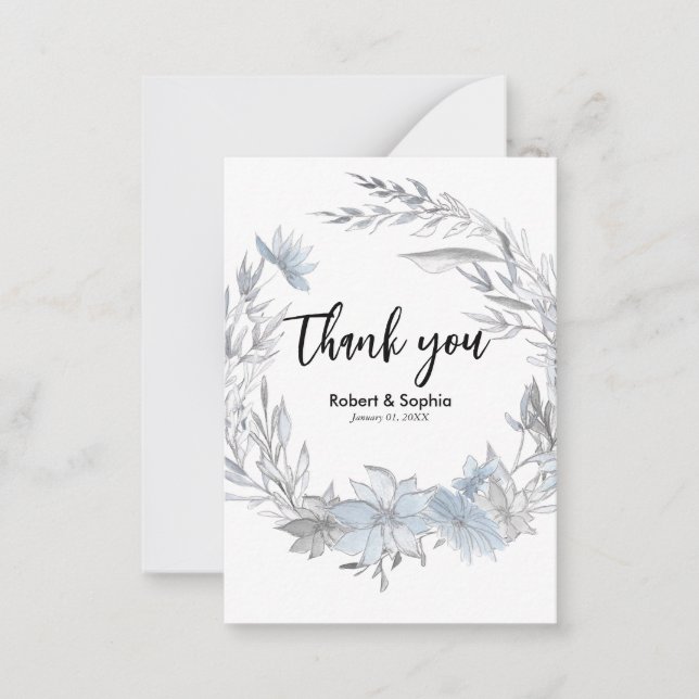 Carte De Correspondance Dusty Blue Floral Mariage Merci (Devant)