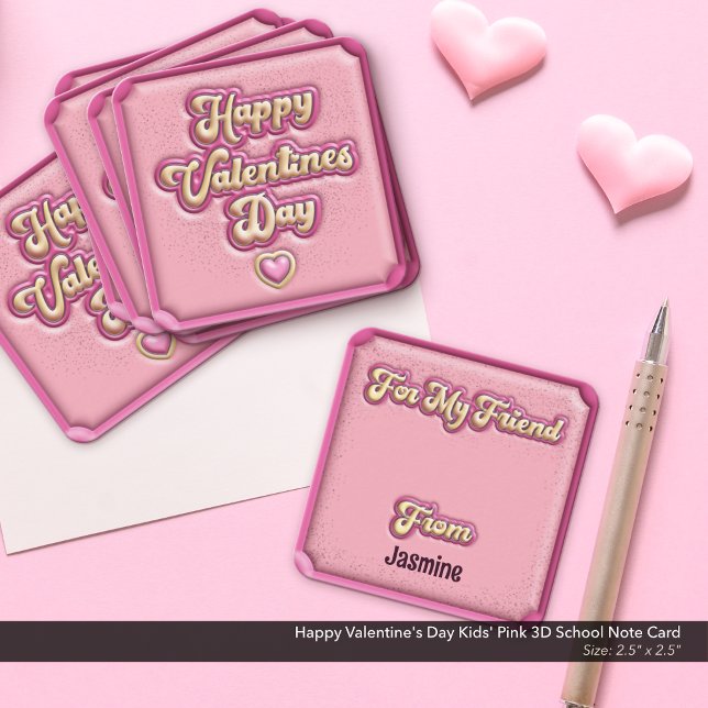 Carte De Correspondance École 3D rose Heureuse Sainte-Valentin pour enfant (Happy Valentine's Day Kids' School Card: Pink and Yellow 3D, Puffy Design.)