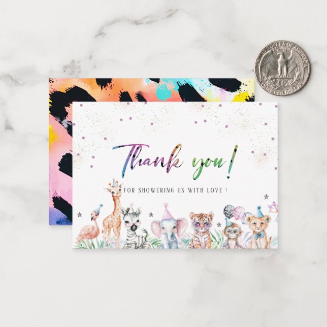 Carte De Correspondance Elégant Aquarelle Sauvage Enfants Safari Animaux Q (Devant/Arrière en situation)