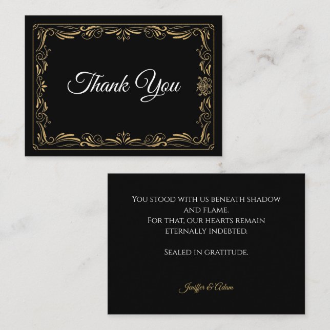 Carte De Correspondance Elegant black and gold Gothic wedding Thank You (Devant / Derrière)
