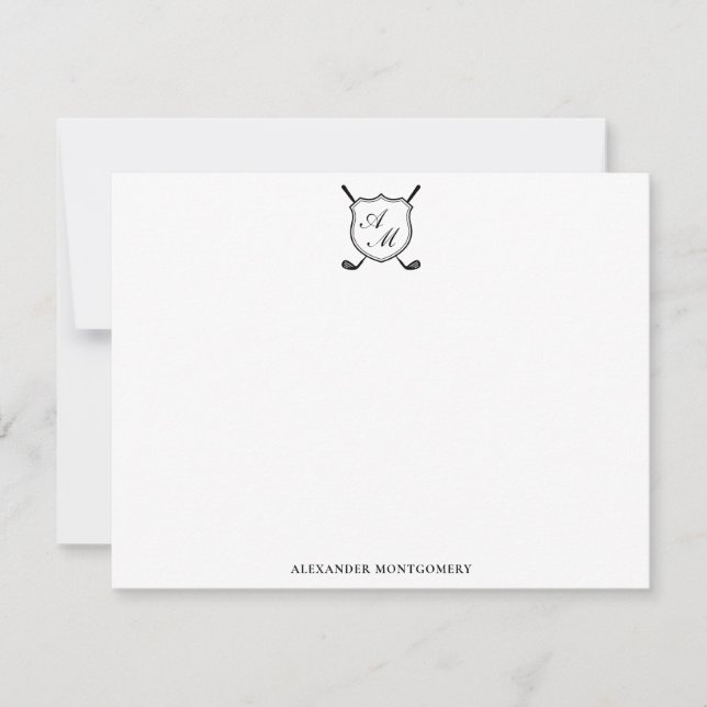 Carte De Correspondance Elegant Black Golf Monogram Crest Flat Note Card (Devant)