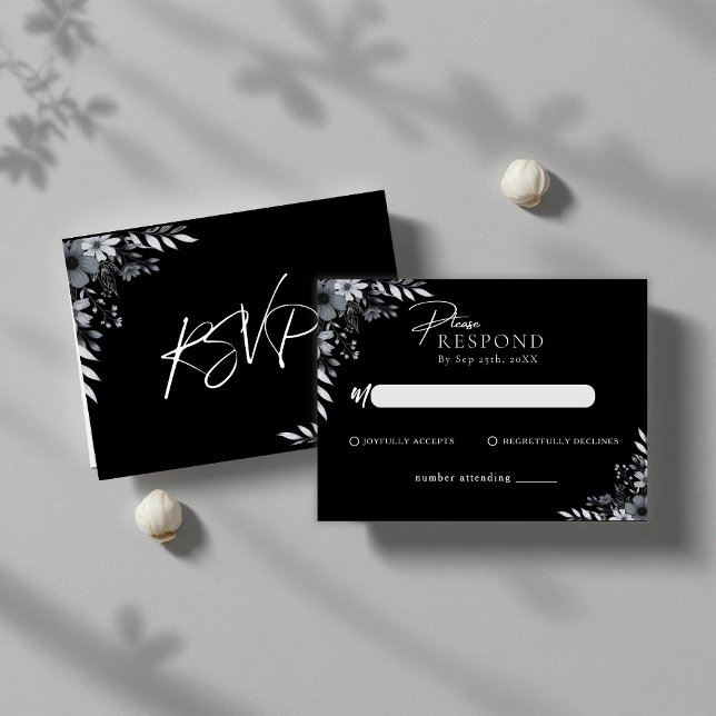 Carte De Correspondance Elegant Black Minimalist Floral Wedding RSVP (Elegant Black Minimalist Floral Wedding RSVP Note Card)
