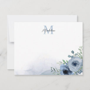 Carte De Correspondance Élégant bleu bleu bleu floral Eucalyptus Monogramm