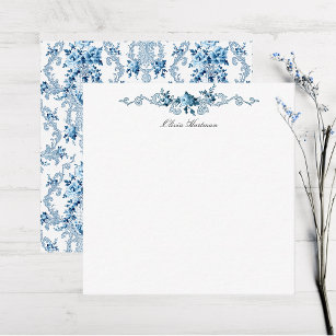 Carte De Correspondance Elégant bleu et blanc Rococo Floral
