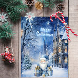 Carte De Correspondance Elégant Blue Père Noël Winter Wonderland Noël<br><div class="desc">Célébrez la magie de la saison avec notre Elegant Blue Père Noël Winter Wonderland Christmas Card. Cette carte magnifiquement conçue présente une charmante scène hivernale avec un Père Noël bleu tenant plusieurs cadeaux magnifiquement emballés. L'arrière - plan présente un village enneigé pittoresque avec un grand bâtiment enneigé et un sapin...</div>