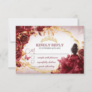 Carte De Correspondance Elégant Burgundy et Roses dorées Quinceañera RSVP