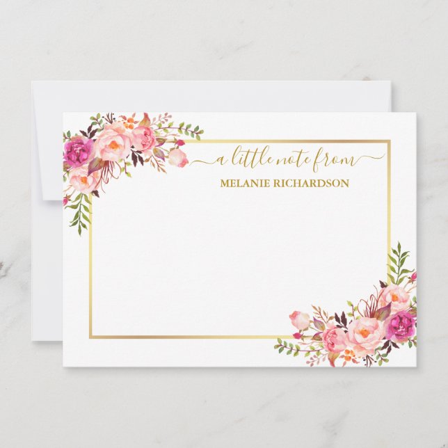 Carte De Correspondance Elégant cadre or Aquarelle rose flush (Devant)