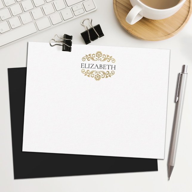 Carte De Correspondance Élégant Chic Moderne Monogramme Noir Or (An elegant gold and black monogram stationery notecard. Personalize it with your name.)