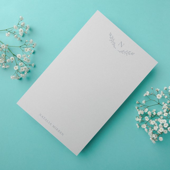 Carte De Correspondance Élégant Dusty Blue Botanches Monogramme (Créateur téléchargé)