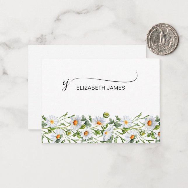 Carte De Correspondance Élégant fleurs blanches Script Monogramme Initiale (Devant/Arrière en situation)
