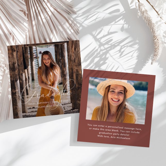 Carte De Correspondance Élégant Gradué blanc Script photo Rouge (Créateur téléchargé)