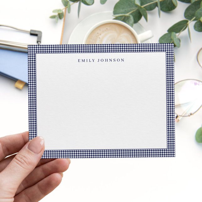 Carte De Correspondance Élégant Houndstooth Monogram Bleu Marine (Créateur téléchargé)