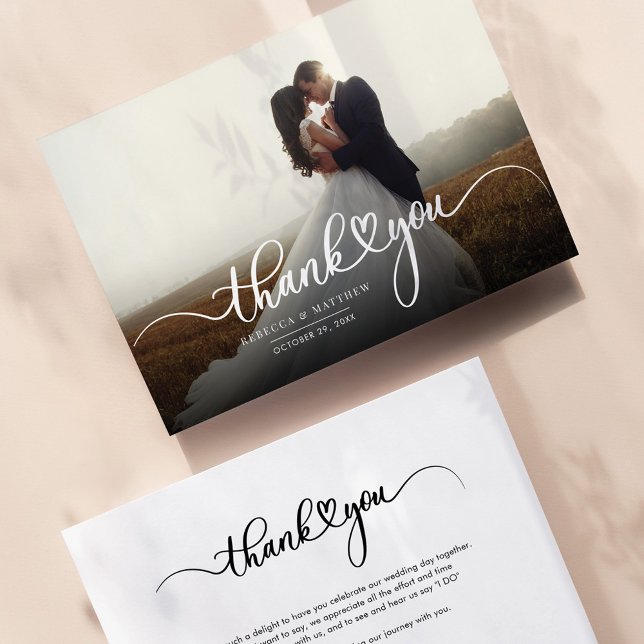 Carte De Correspondance Elégant jour de mariage Photo Calligraphie Merci (Wedding Day Couples Photo Thank You Card)