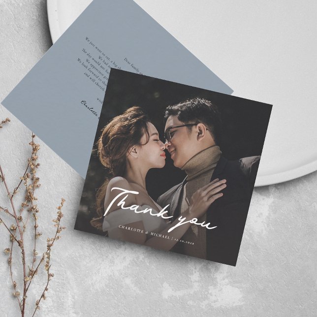 Carte De Correspondance Élégant Mariage de script photo Merci (Wedding Thank You Photo Script Mini Square Card)