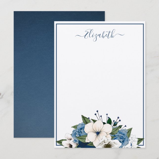 Carte De Correspondance Elégant Marine et Dusty Blue Floral Personnalisé (Devant / Derrière)