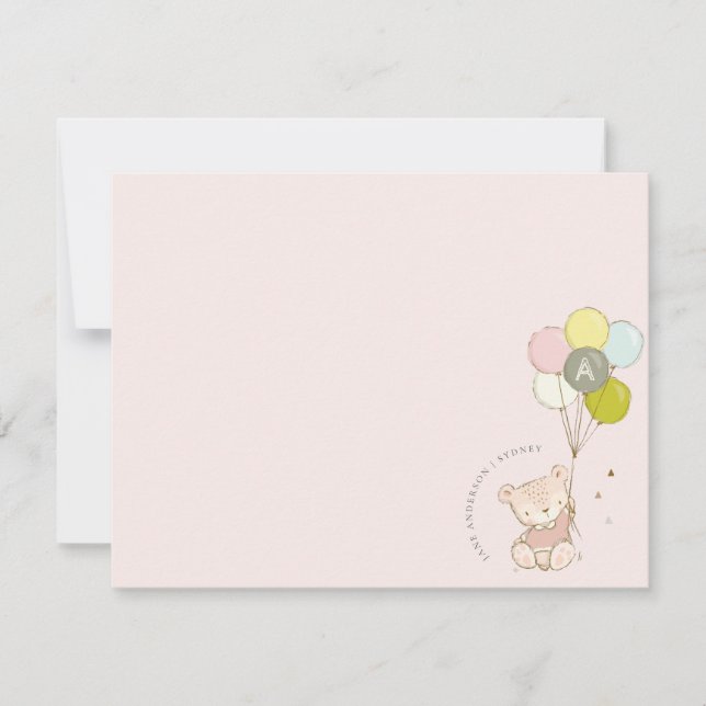 Carte De Correspondance Élégant Mignon Ballon Ours Blush Monogramme (Devant)