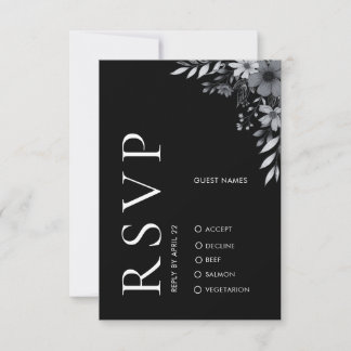 Carte De Correspondance Elegant Modern Black Floral Wedding RSVP Card