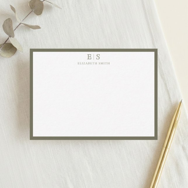 Carte De Correspondance Élégant Monogramme Bordure Vert Olive (Créateur téléchargé)