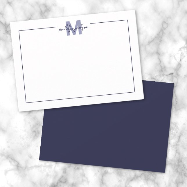 Carte De Correspondance Élégant Monogramme de Bordure Bleu Marine Script (Minimalist Navy Blue Border Monogram Note Card)