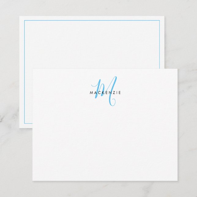 Carte De Correspondance Élégant Monogramme Moderne Blanc Bleu Ciel Écritur (Devant / Derrière)