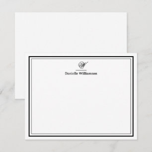 Carte De Correspondance Élégant Monogramme Noir Bordure Double Plat Blanc