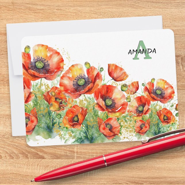 Carte De Correspondance Élégant Monogramme Poppies Rouges Fleurs de Pavot (A chic monogrammed notecard with red poppies design in a watercolor style)