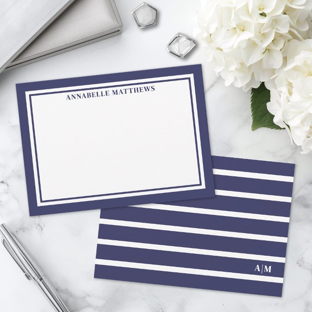 Carte De Correspondance Élégant Monogramme Rayé Bleu Marine (Elegant Navy Blue Striped Monogram Note Card )
