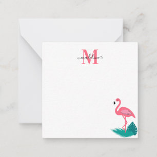 Carte De Correspondance Élégant Monogramme Tropical Flamant rose rose Carr