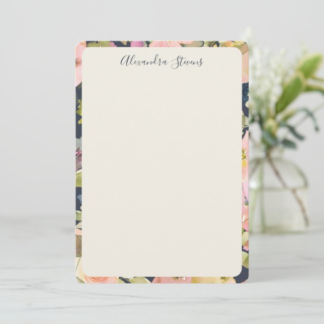 Carte De Correspondance Elegant Navy Blush Floral Personalized Script Name (Debout devant)