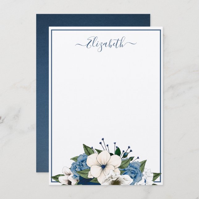Carte De Correspondance Élégant Navy et Floral Bleu Poussiéreux Personnali (Devant / Derrière)