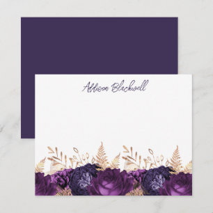 Carte De Correspondance Elégant or violet Fleurs Nom personnalisé