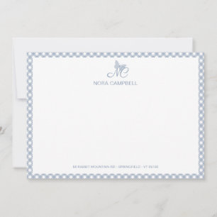 Carte De Correspondance Élégant papillon Monogramme Dusty Blue En vichy