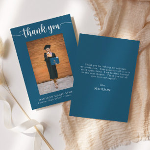Carte De Correspondance Élégant Script Blue Graduation Merci photo