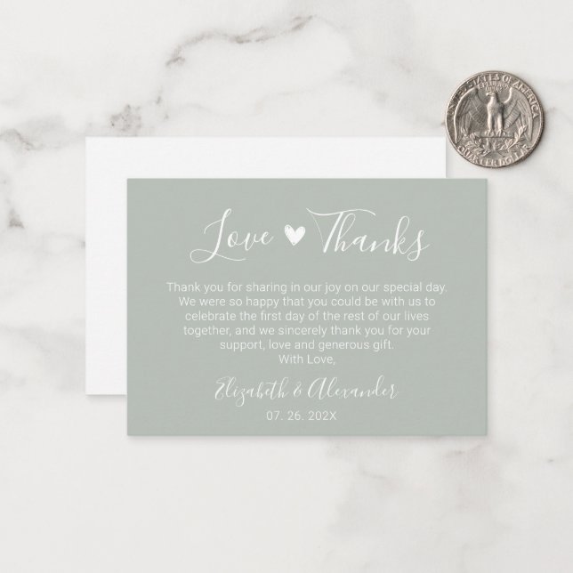 Carte De Correspondance Élégant Script Coeur Sage Vert Mariage Merci (Devant/Arrière en situation)