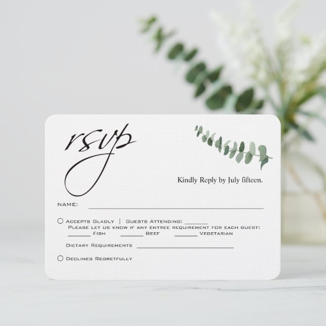 Carte De Correspondance Élégant Script Eucalyptus QR Code Mariage rsvp (Debout devant)