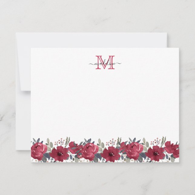 Carte De Correspondance Élégant Script Floral Bourgogne rouge Monogramme (Devant)