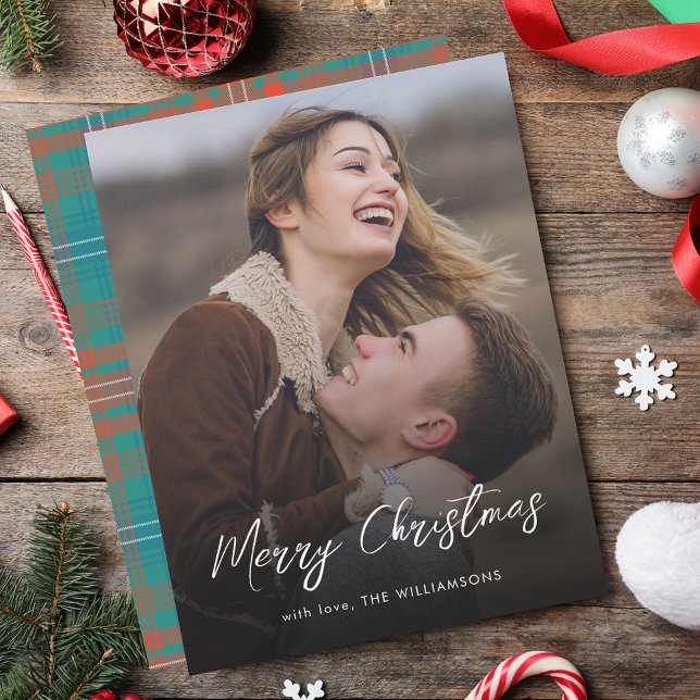 Carte De Correspondance Élégant Script Joyeux Noël Wilson Tartan Photo (Elegant Script Merry Christmas Wilson Tartan Photo Note Card)
