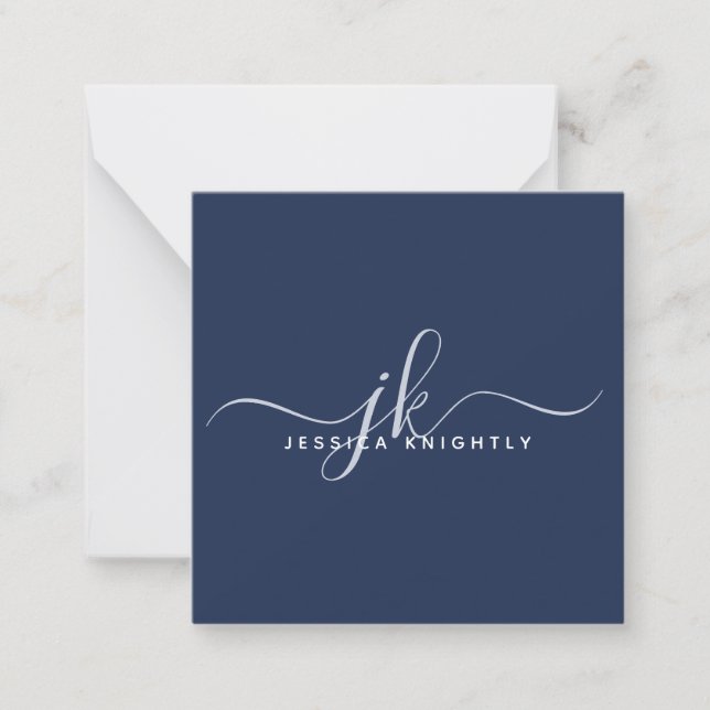 Carte De Correspondance Élégant Script Monogramme Initiales Marine Bleu (Devant)