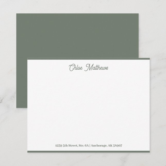 Carte De Correspondance Élégant Script Olive Green Stationery Bordure (Devant / Derrière)